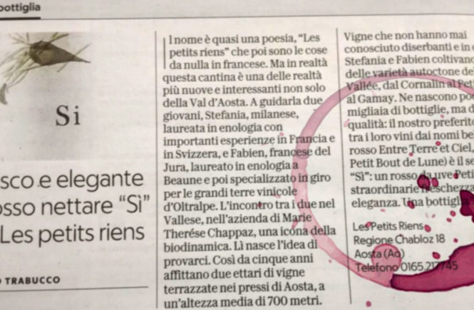 Articolo la Repubblica 2018 con macchia di vino